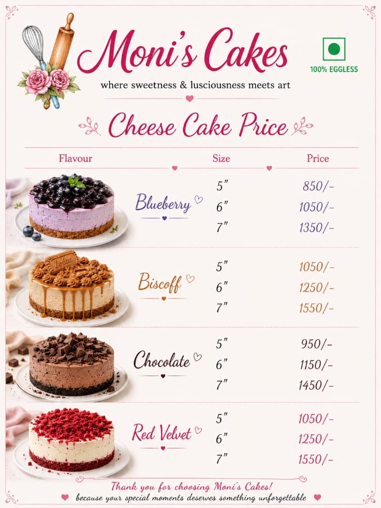 Cheese Cake Price Menu